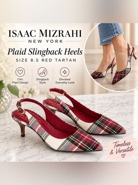 Isaac Mizrahi New York Plaid Slingback Heels Size 8.5 Red Tartan